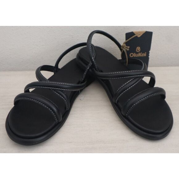 OluKai 20515-4040 Women's Sz 8W Black Leather Tiare Strappy Slip-On Sandals - Picture 1 of 16